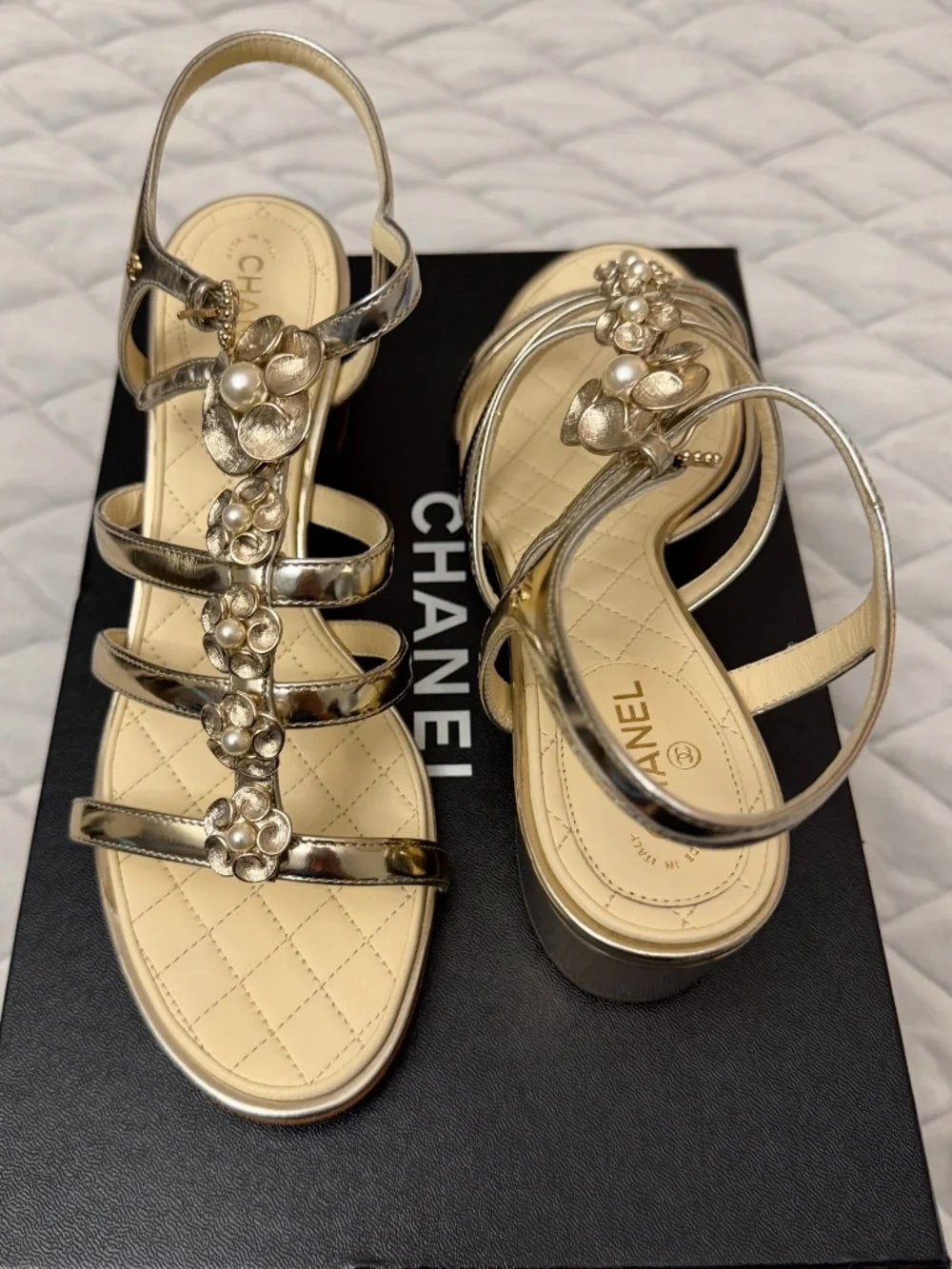 Chanel gold sandal with pearl flower detail